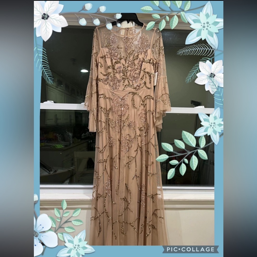 Aidan Mattox beaded gold 3/4 ruffle bell sleeve long gown - Picture 6 of 16